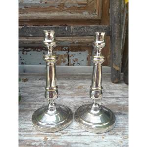 Paire De Chandeliers, Métal Argenté