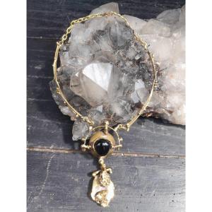 Collier brutaliste 70s bronze, laiton et obsidienne