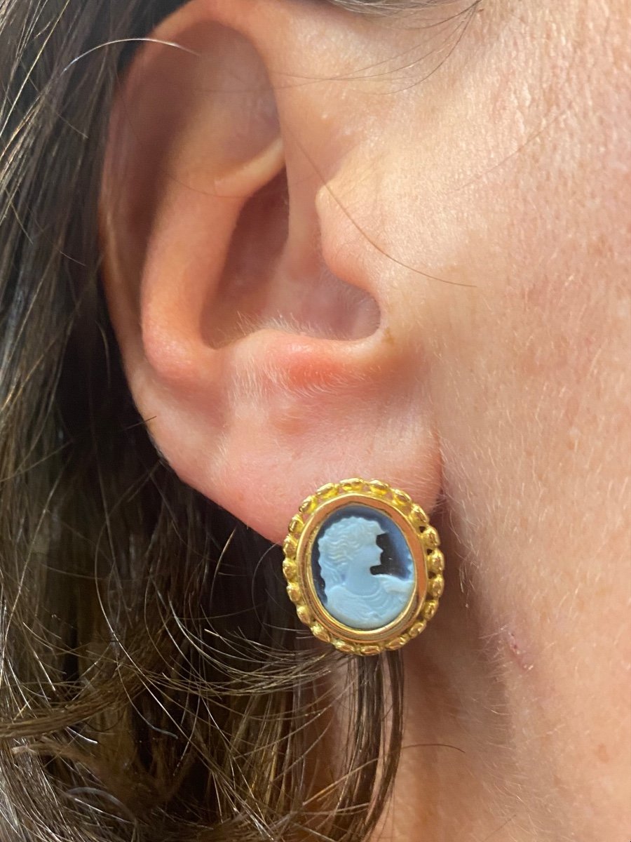 Une Paire De Boucles D’oreilles Camée Bleu-photo-2