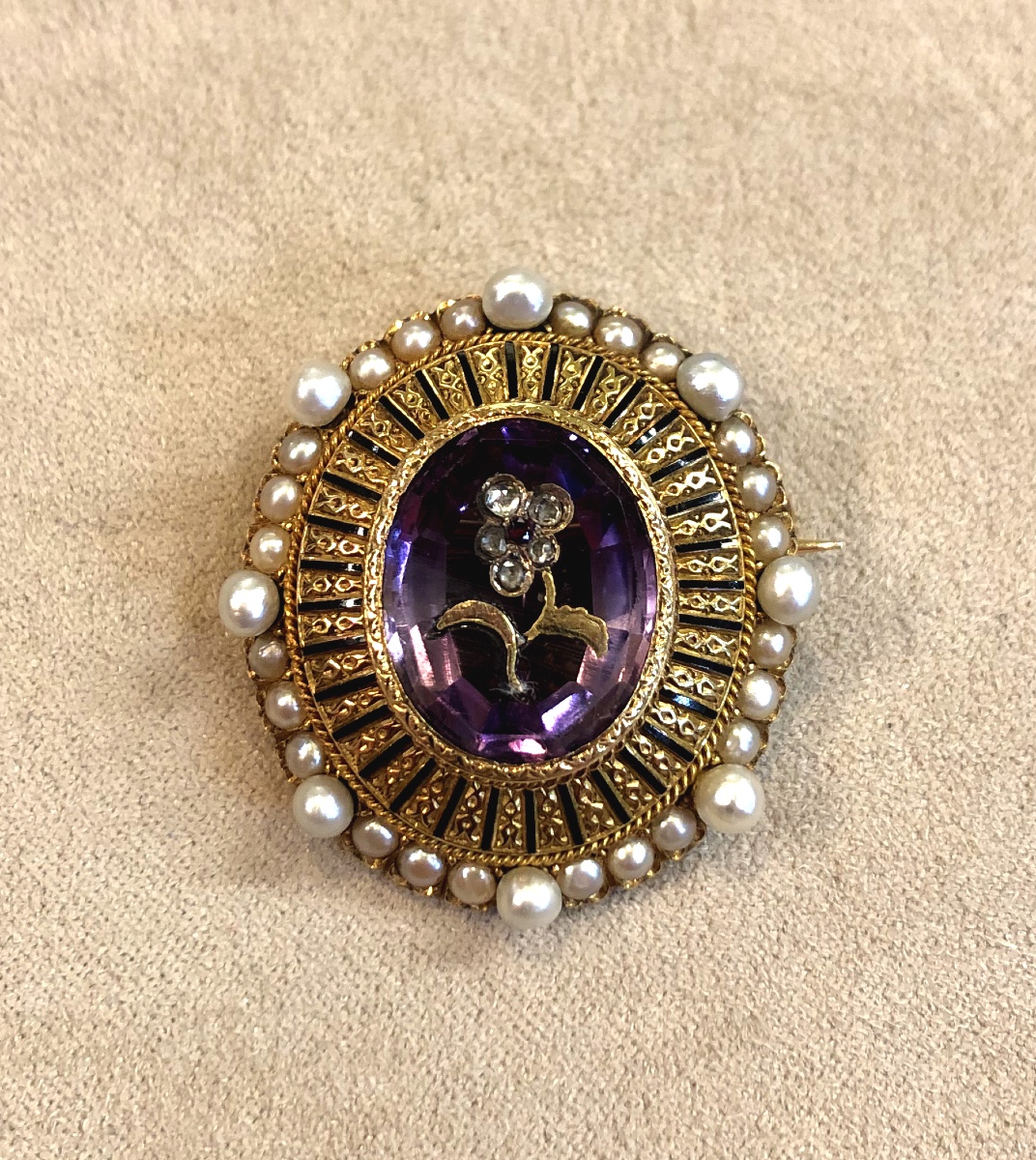 Amethyst, Pearl And Diamond Rose Brooch