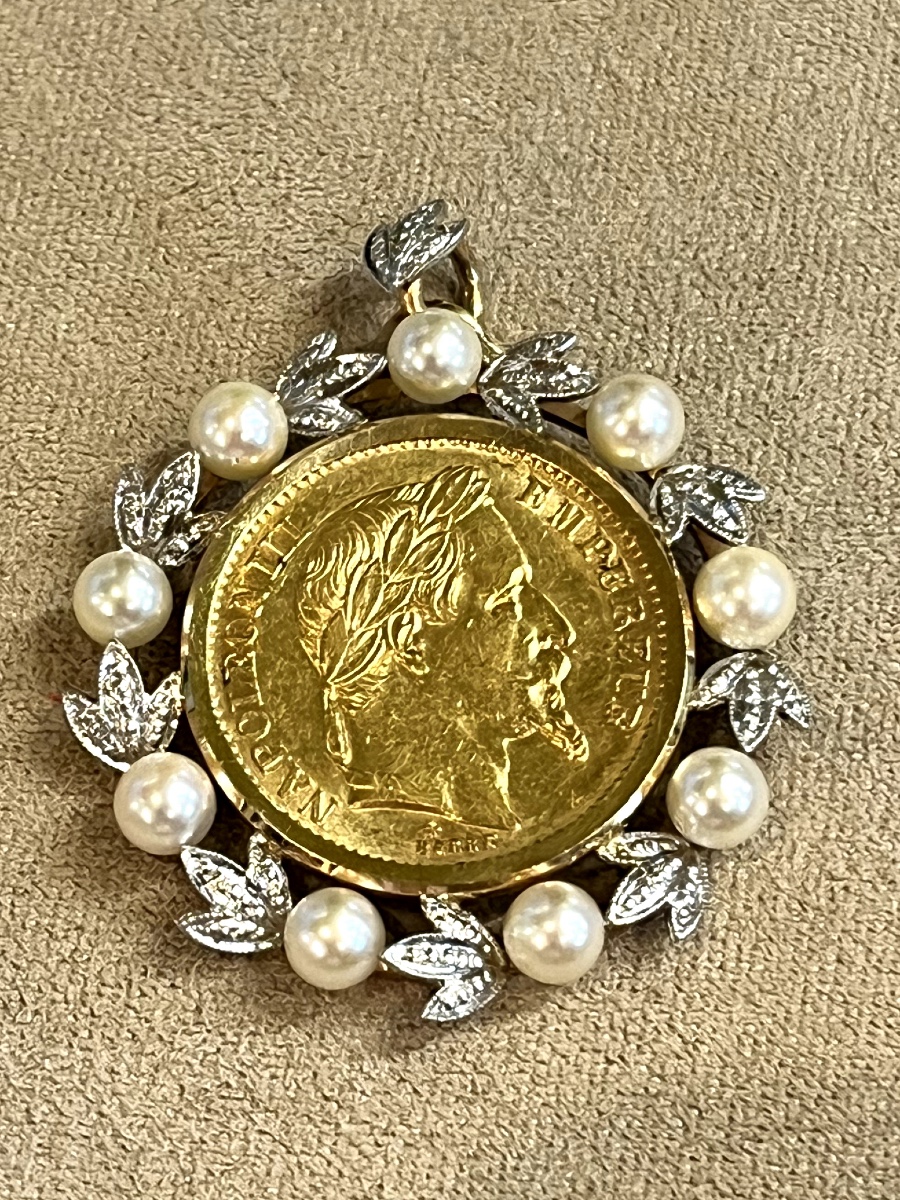 pendentif pièce 20 francs avec perles de culture 