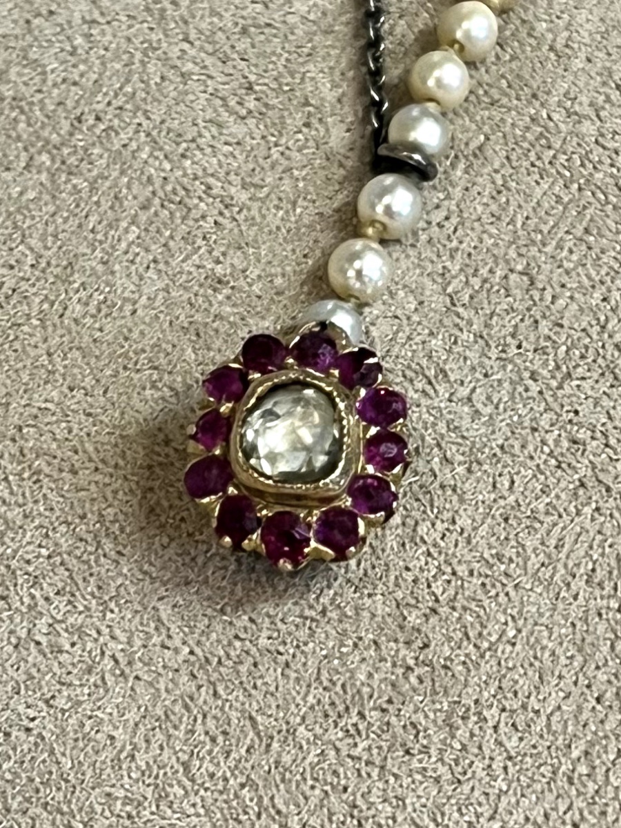 Cultured Pearl Necklace With Diamond Rose And Ruby -photo-2