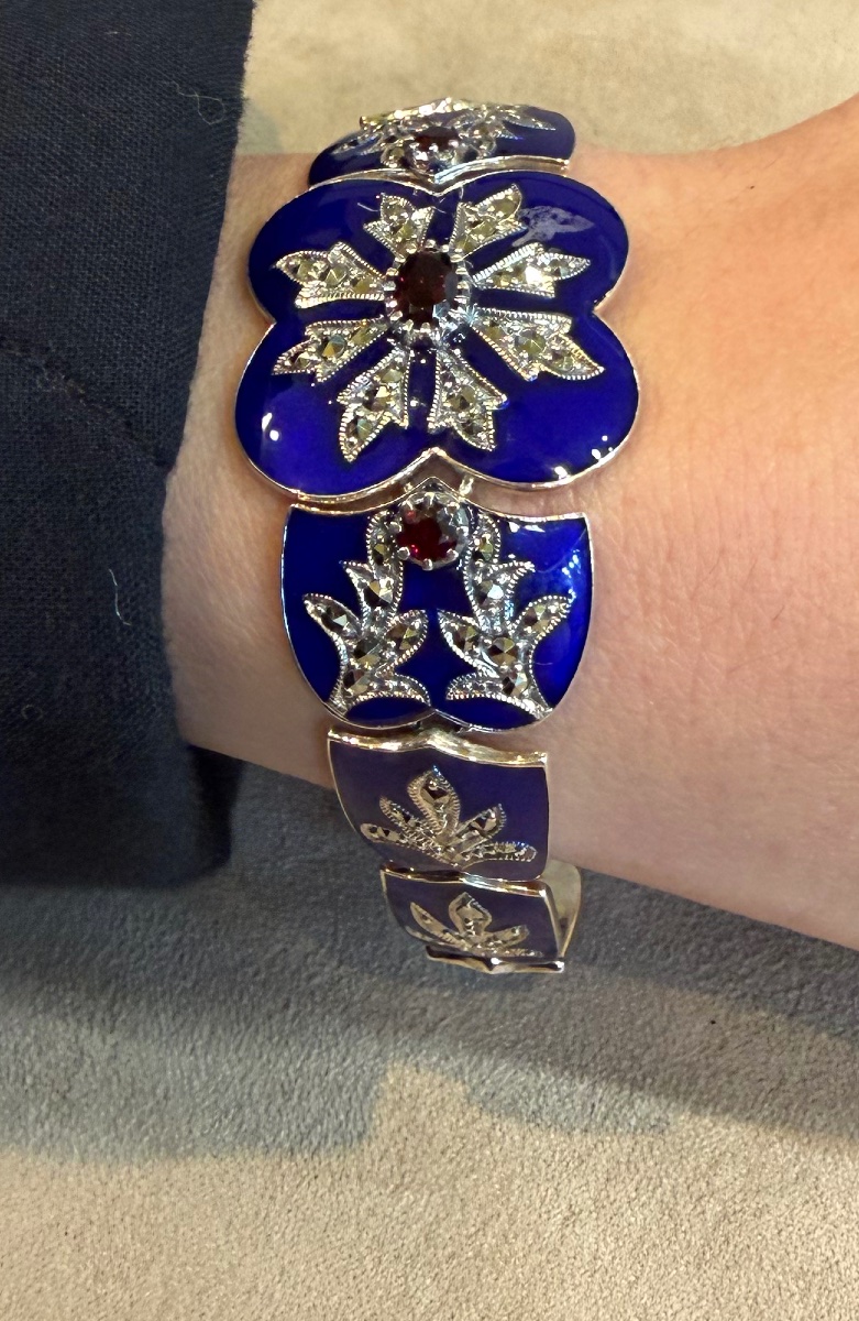 Bracelet émail bleu, grenats et marcassites-photo-4