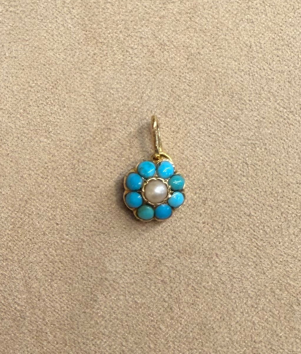 Pendentif marguerite en turquoises et perle fine-photo-5
