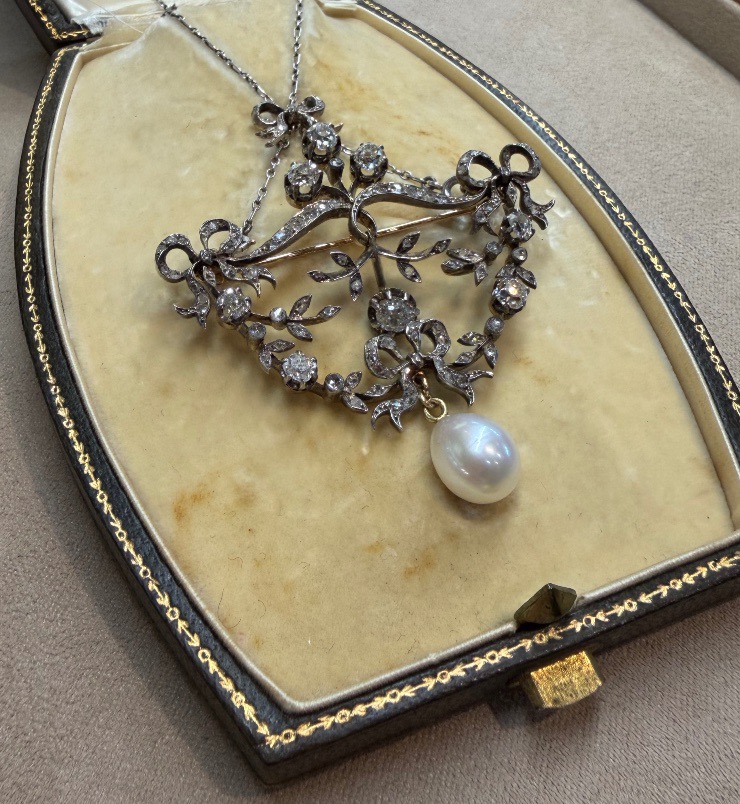 Collier / broche 19ème perle et diamants-photo-2