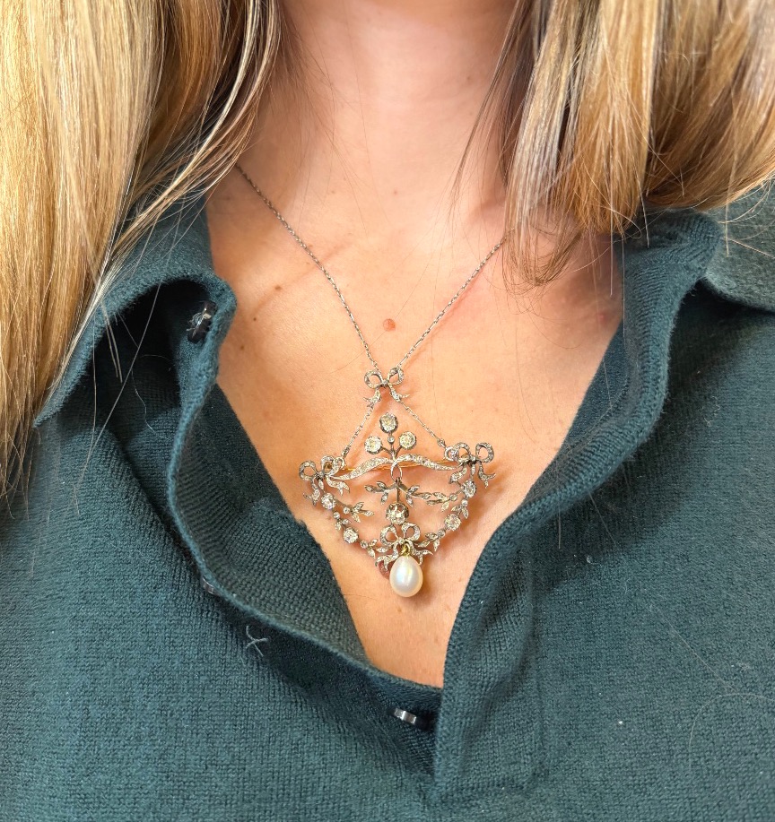 Collier / broche 19ème perle et diamants-photo-2