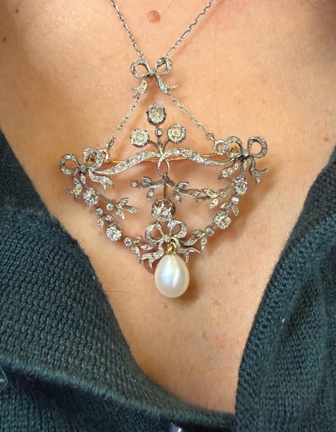 Collier / broche 19ème perle et diamants-photo-3