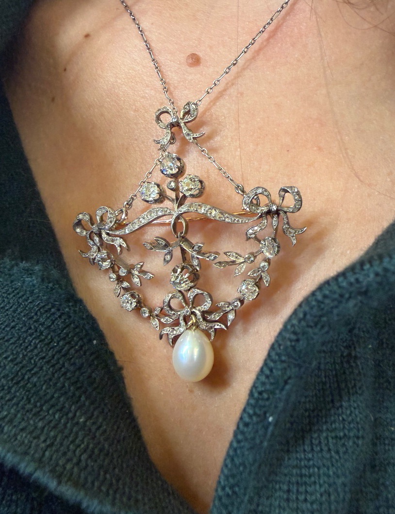Collier / broche 19ème perle et diamants-photo-4