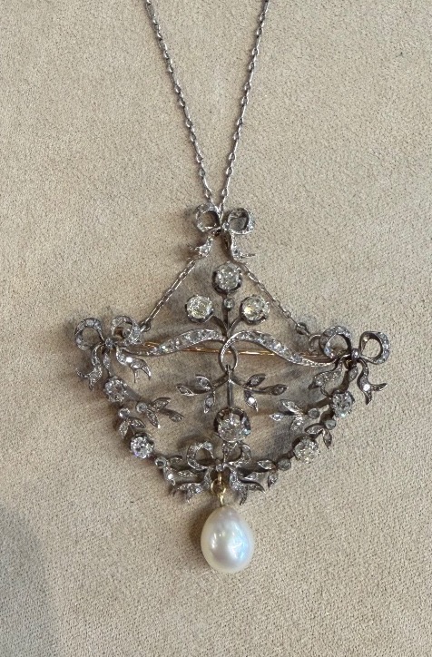 Collier / broche 19ème perle et diamants-photo-5