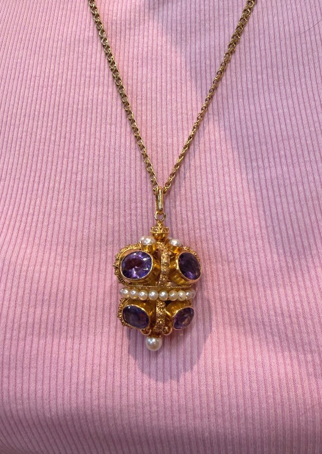 Pendentif améthystes et perles