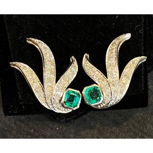 A Pair Of Emerald And Diamond Earrings 