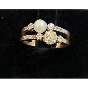 Double Line Pearl And Diamond Ring 