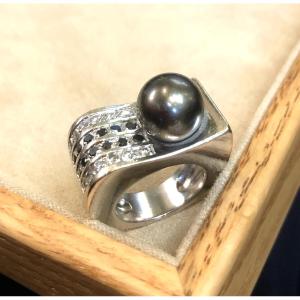 Pearl And Diamond Tank Ring
