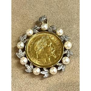 Napoleon III 20 Franc Coin Pendant With Cultured Pearls 