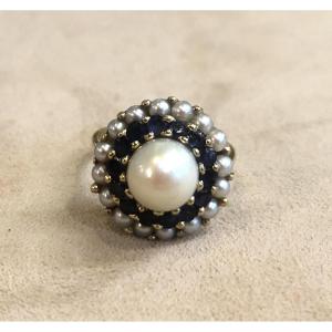 Bague ronde perles et saphirs
