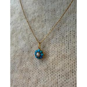 Pendentif marguerite en turquoises et perle fine
