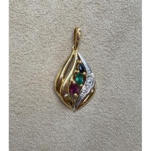 Ruby, Emerald, Sapphire, And Diamond Flame Pendant