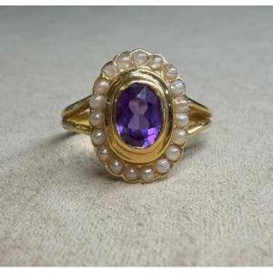 Bague ovale améthyste et perles