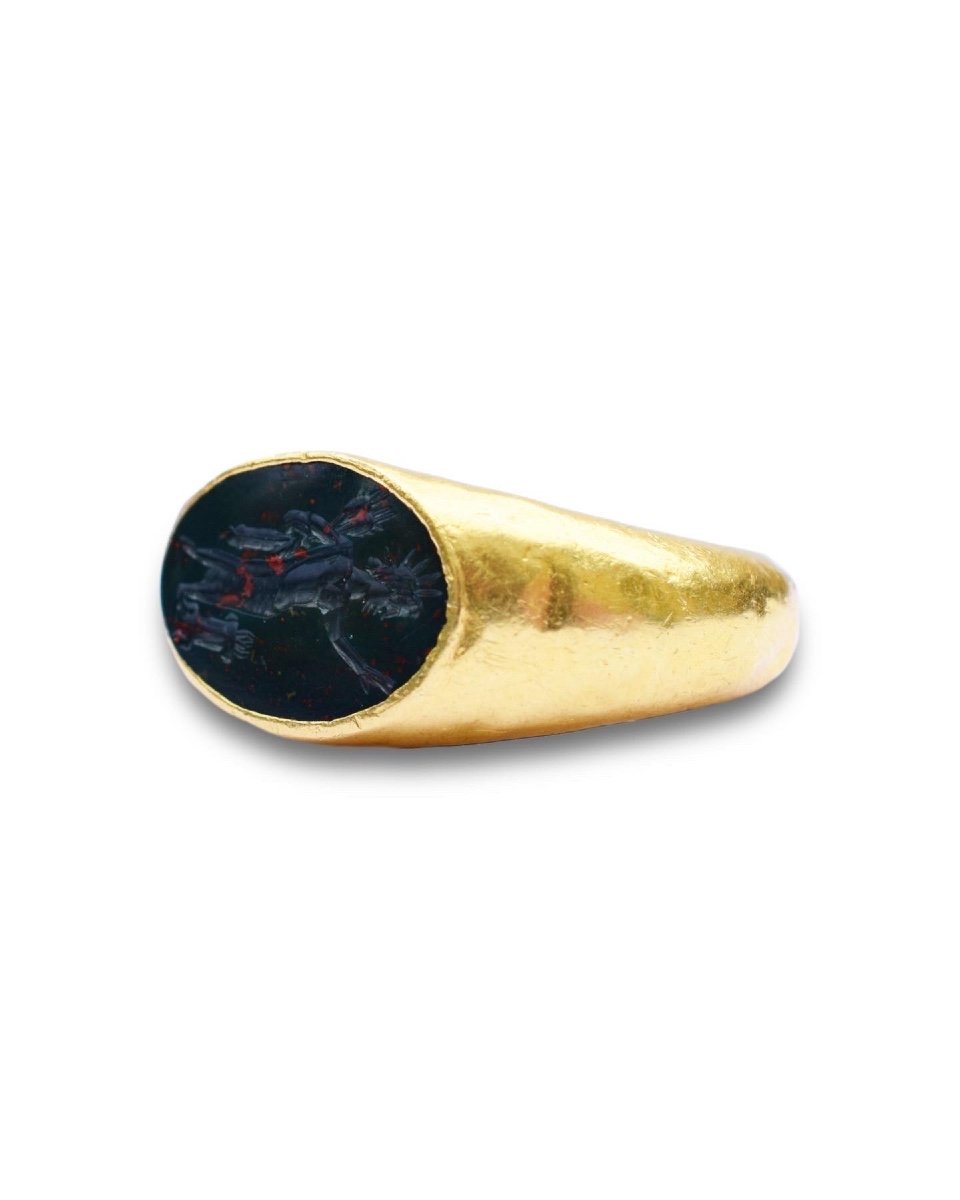 Bague Romaine Avec Une Intaille En Pierre De Sang d'Hélios. Gréco-romain, 2e Siècle Après Jc. -photo-4