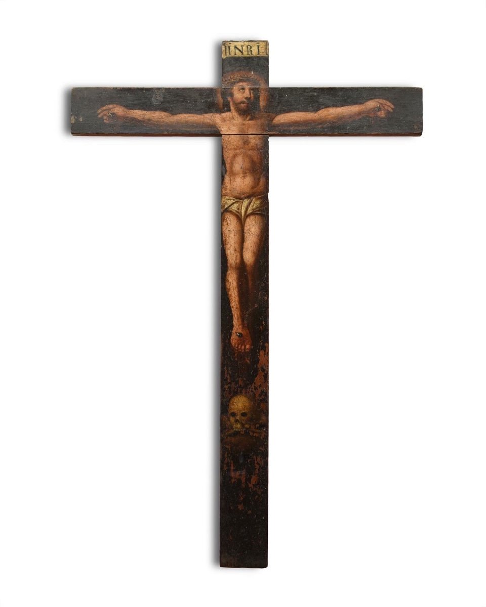 Walnut Crucifix Painted With The Cristo Vivo. Spanish, Mid 17th Century.