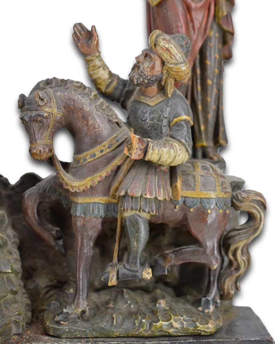 Rare Polychromed Wooden Calvary Altarpiece. French, Mid 16th Century.-photo-3