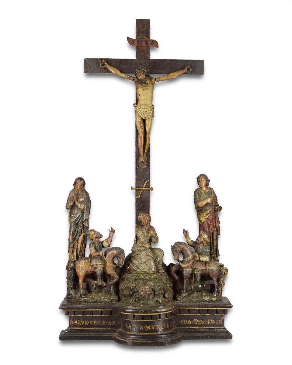 Rare Polychromed Wooden Calvary Altarpiece. French, Mid 16th Century.
