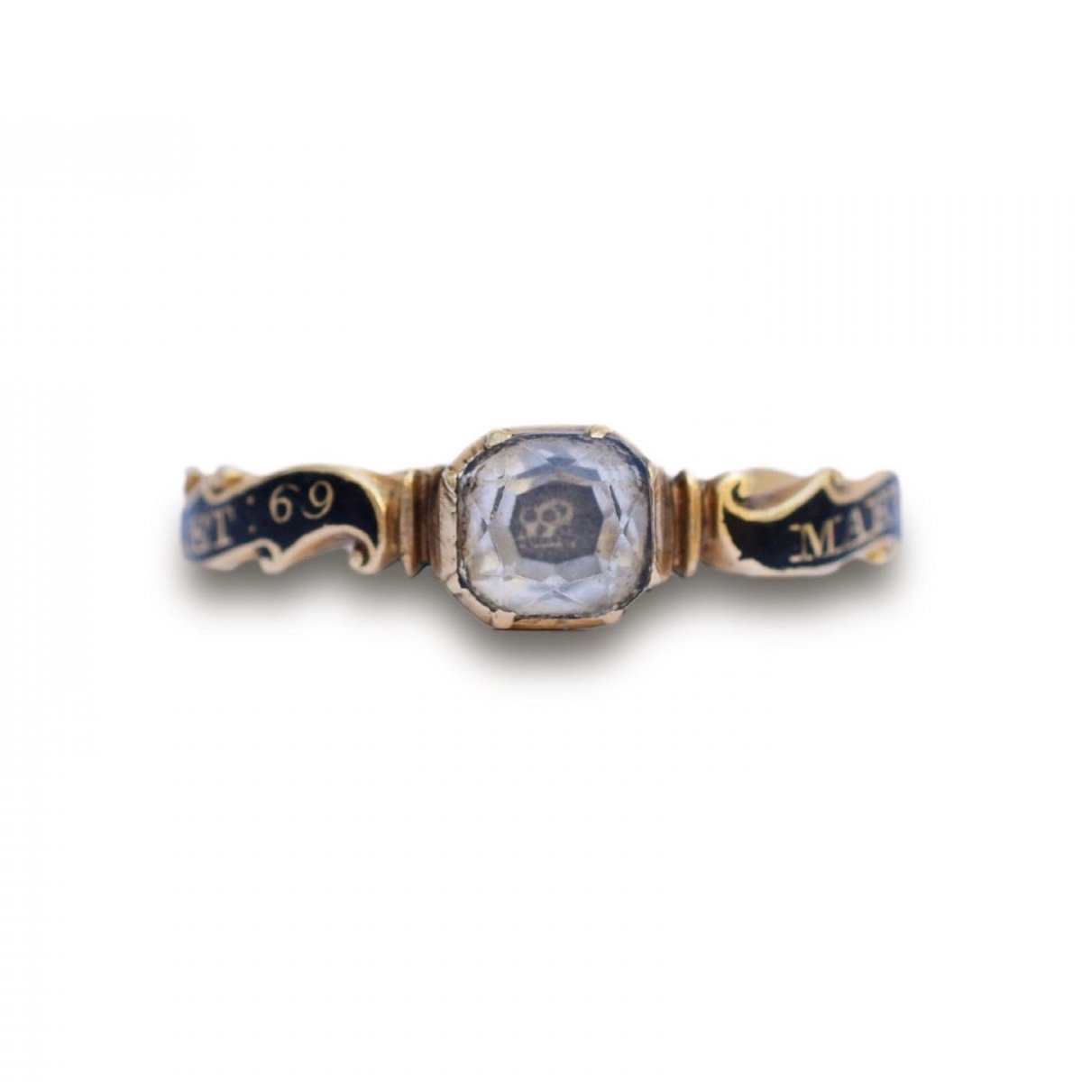 Black Enamelled Stuart Crystal Skull Mourning Ring. English, C.1753.