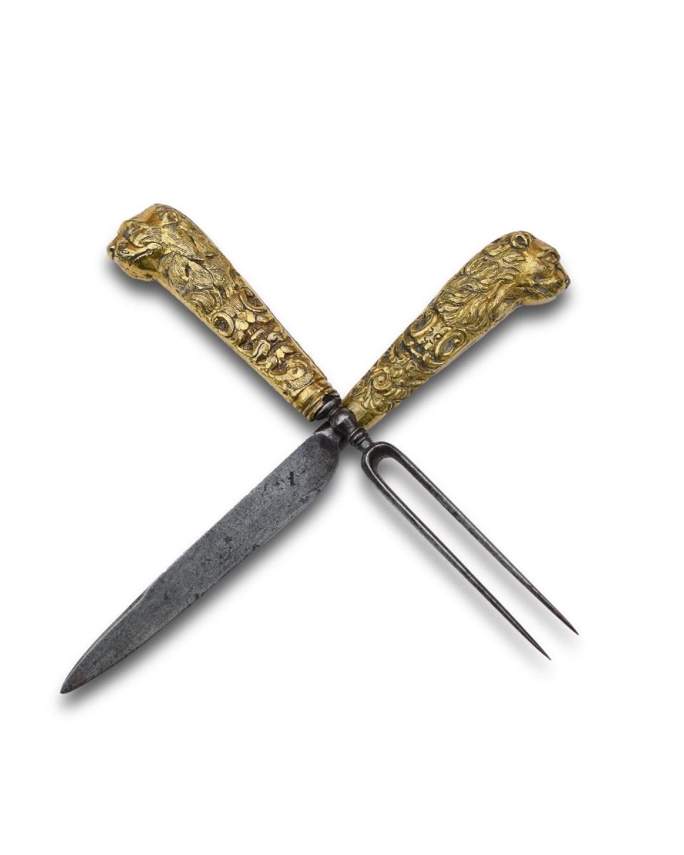 Gilded Bronze Hunting Knife And Fork. German, Early 18th Century.-photo-3
