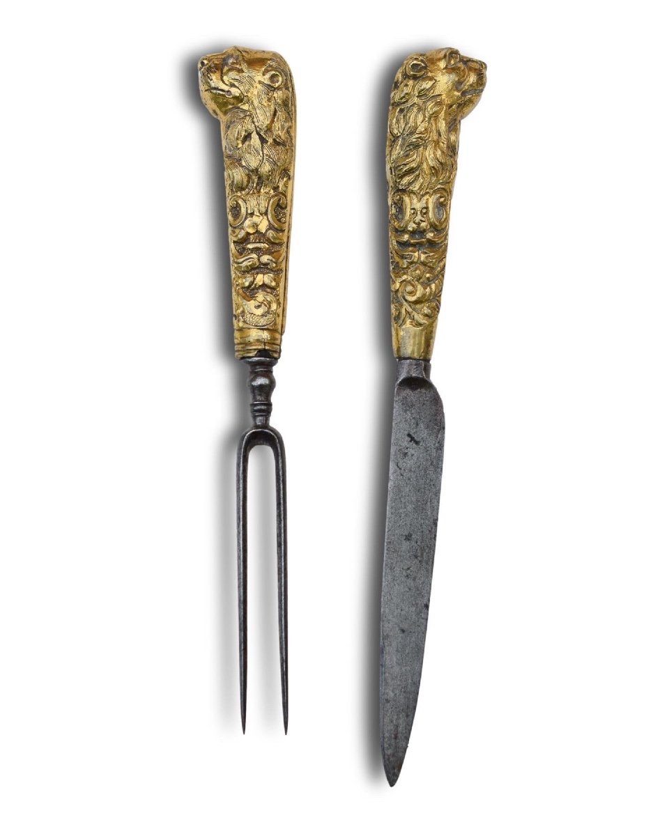 Gilded Bronze Hunting Knife And Fork. German, Early 18th Century.