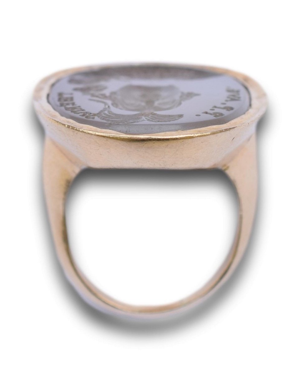 Gold Ring Set With A Chalcedony Intaglio Of Emperor Tiberius III Absimarus.-photo-2