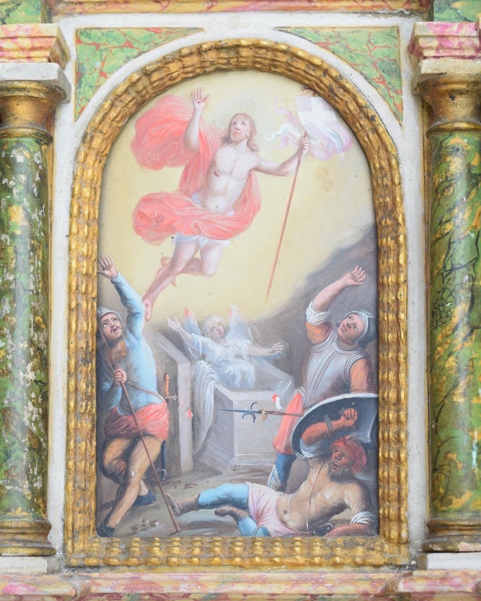 Rare Retable Miniature De La Résurrection Du Christ. Allemand, XVIIe Siècle.  -photo-2