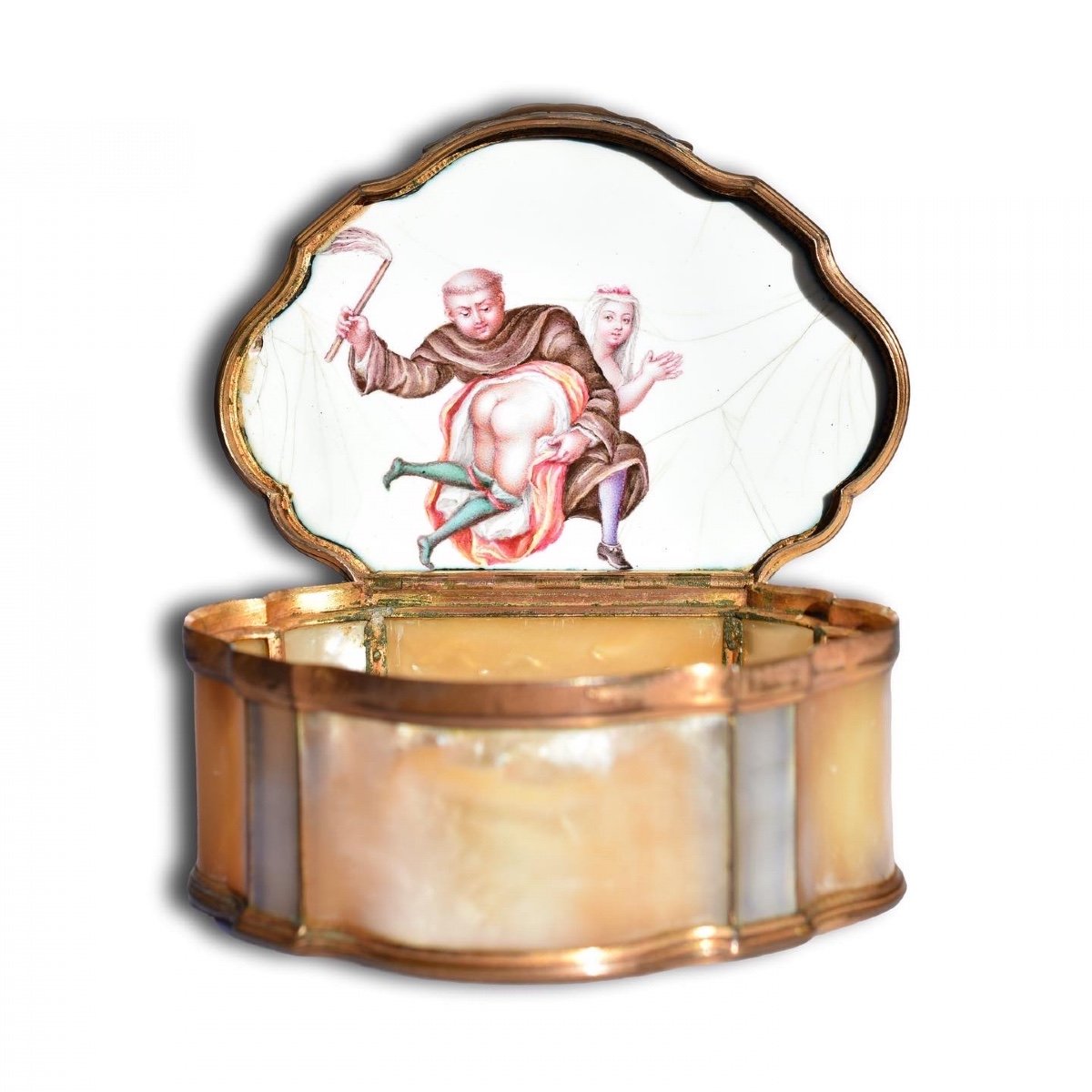 Risqué Gilt Metal Mounted Enamel And Mother Of Pearl Snuff Box. German, C.1760.-photo-2