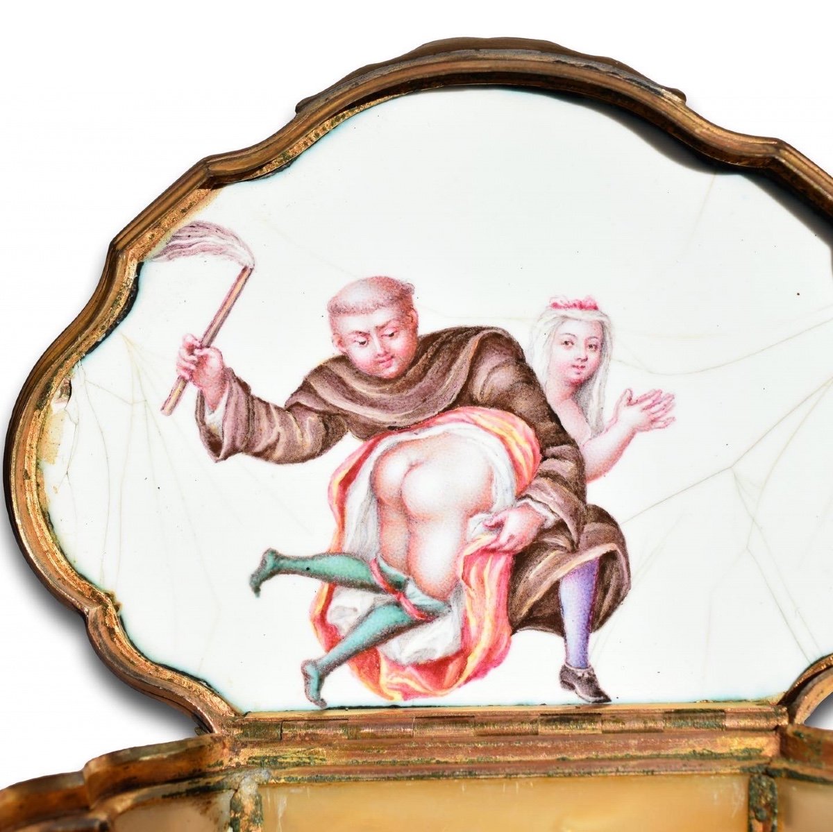 Risqué Gilt Metal Mounted Enamel And Mother Of Pearl Snuff Box. German, C.1760.-photo-3