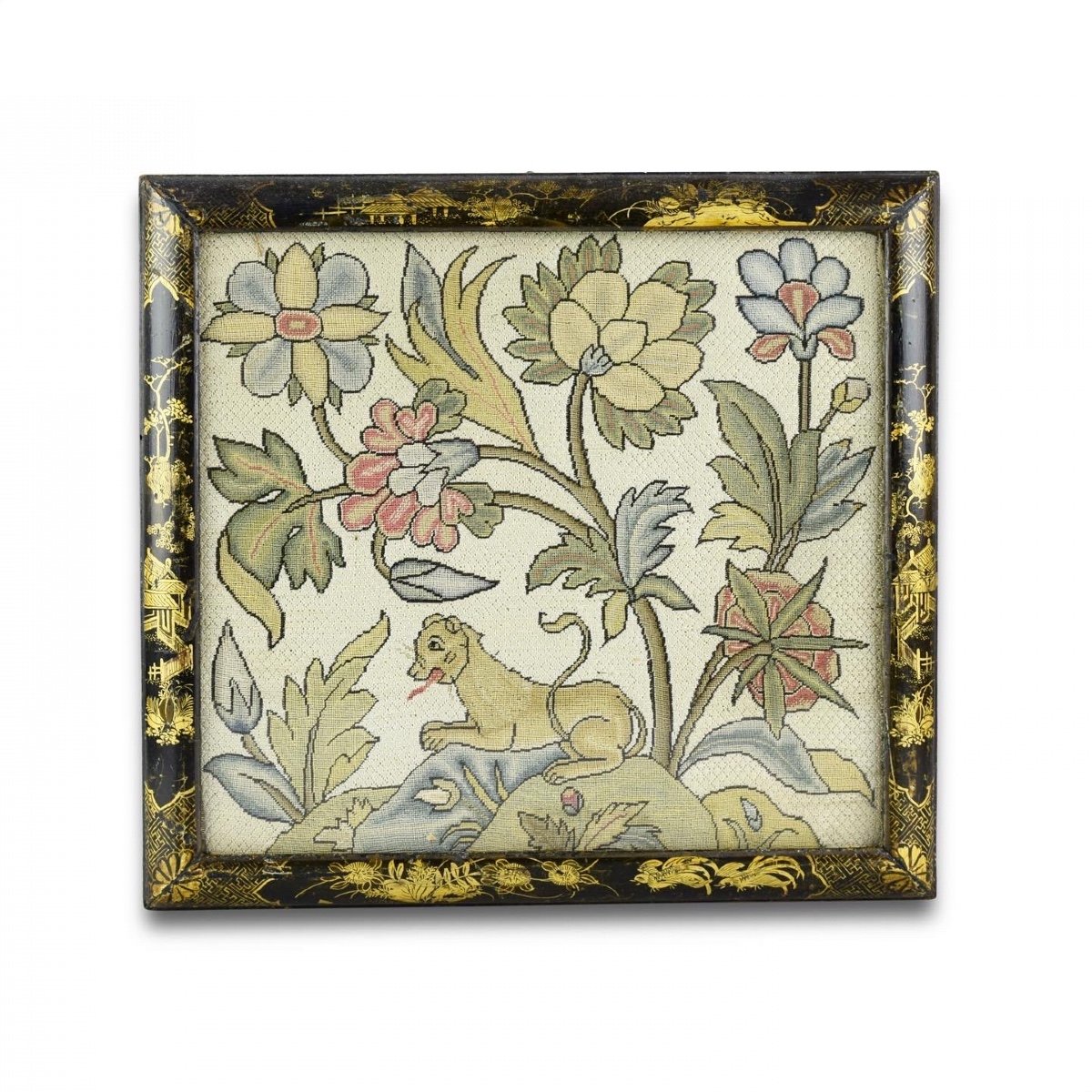 Needlework Panel Decorated With A Lion Amongst Flowers. English, C.1700.-photo-6