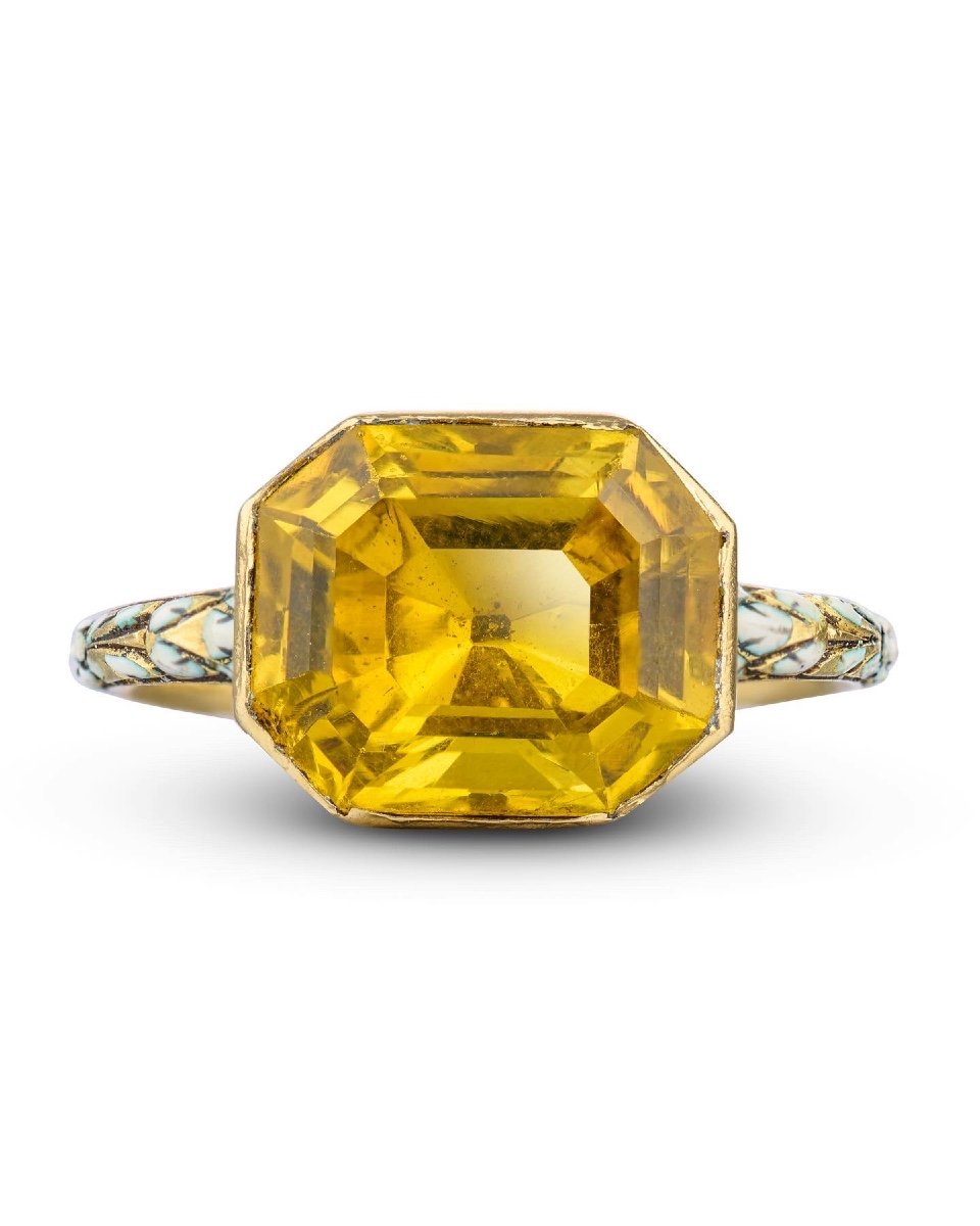 Rare Enamelled Gold Ring Set With A Large Yellow Paste. English, 17th Century.-photo-5