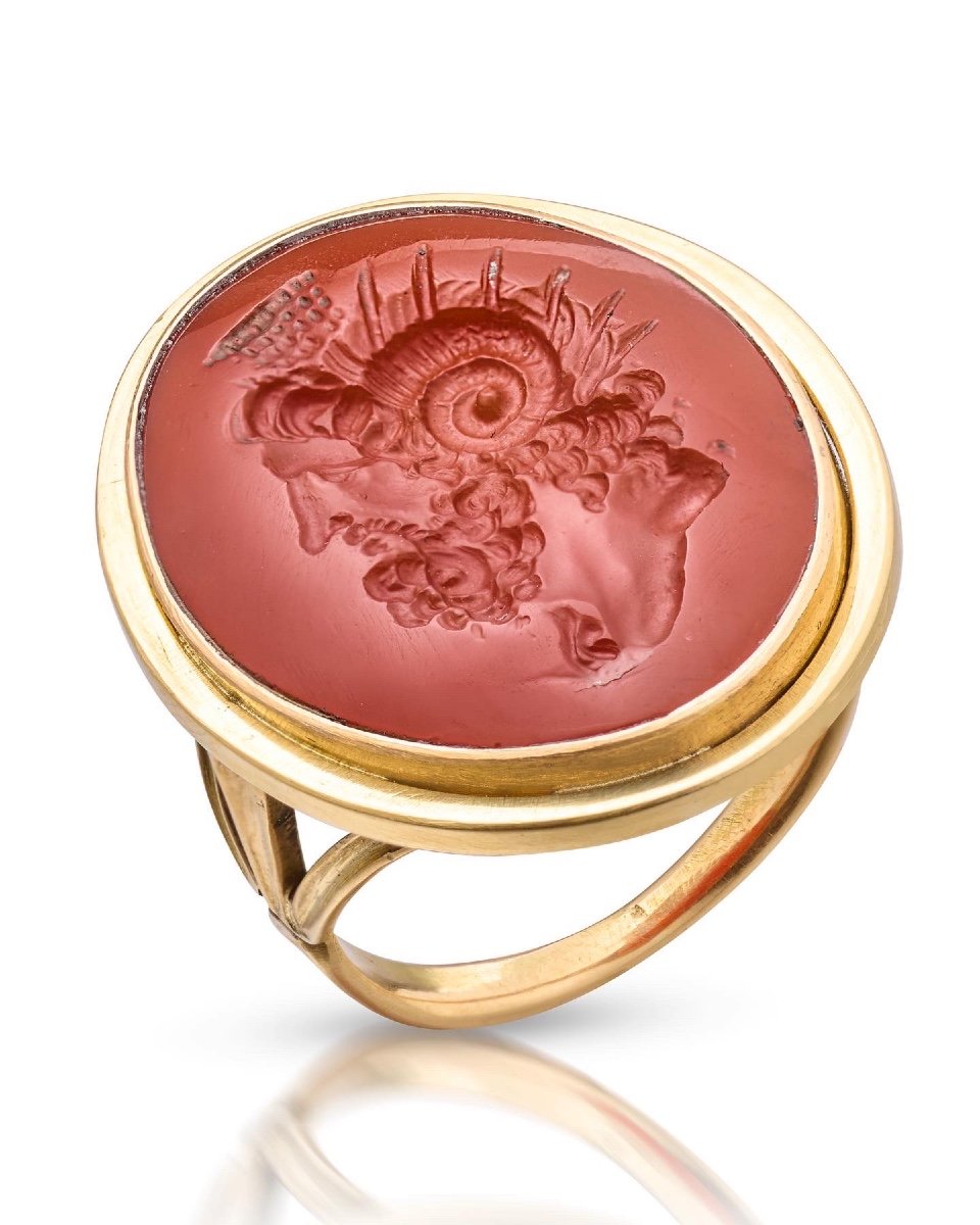 Bague En Or Sertie d'Une Intaille En Cornaline De Zeus-ammon. Italien, XIXe Siècle.  -photo-4