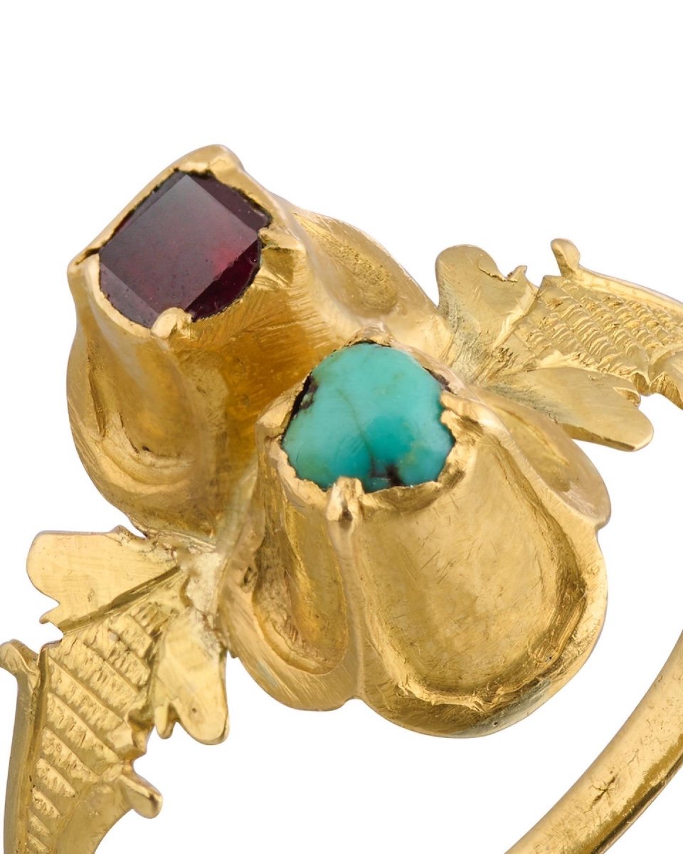Bague En Or Renaissance Avec Une Turquoise Et Un Grenat. Anglais / Français, XVIe Siècle-photo-3