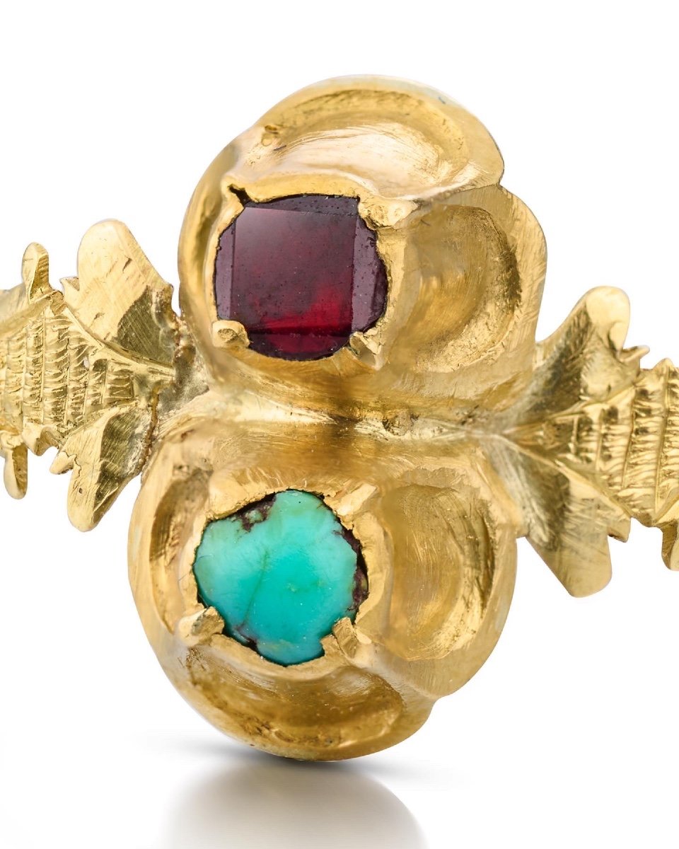 Bague En Or Renaissance Avec Une Turquoise Et Un Grenat. Anglais / Français, XVIe Siècle-photo-4