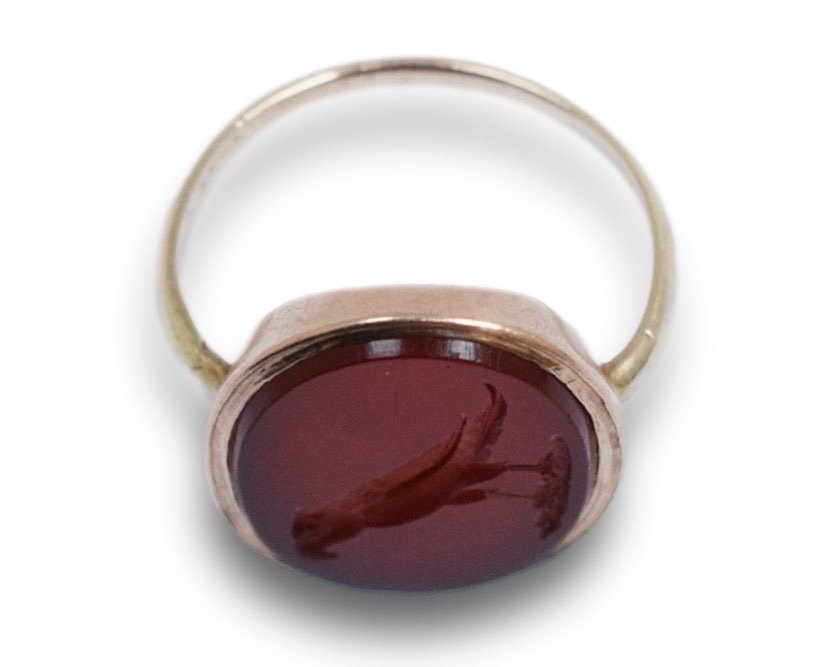 Bague En Or Géorgienne Avec Une Intaille d'Un Faucon. Anglais, 18e/19e Siècle.-photo-5