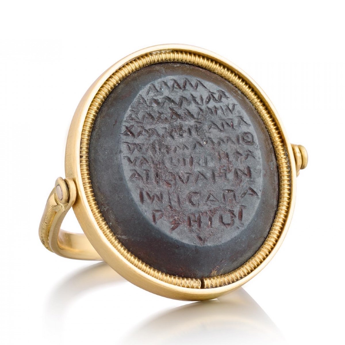 Hematite Gnostic Gem With Greek Text. Romano-egyptian, 3rd-4th Century A.d.-photo-1