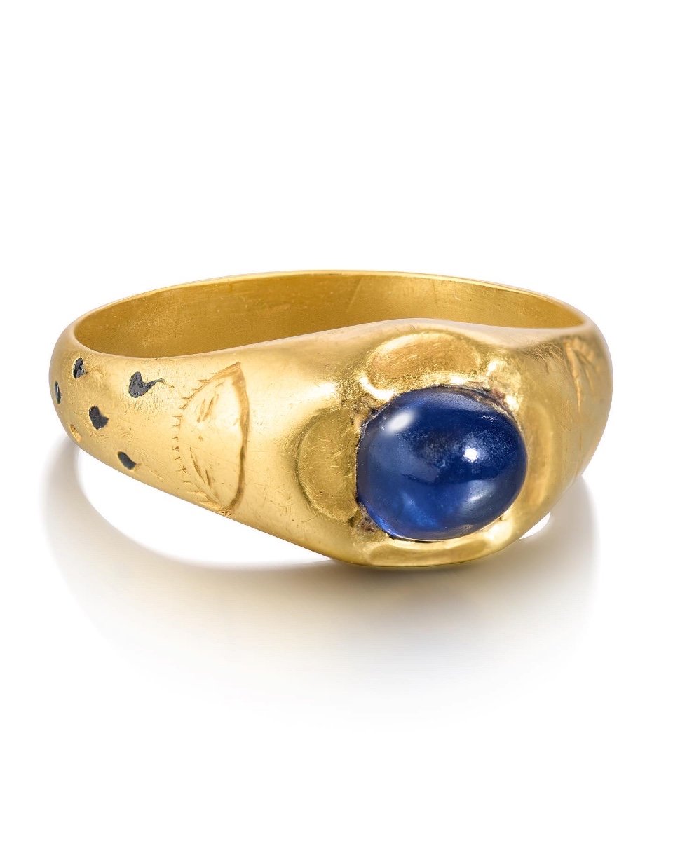 Gold Sapphire Ring With Tears Of The Virgin. English, 15th Century.