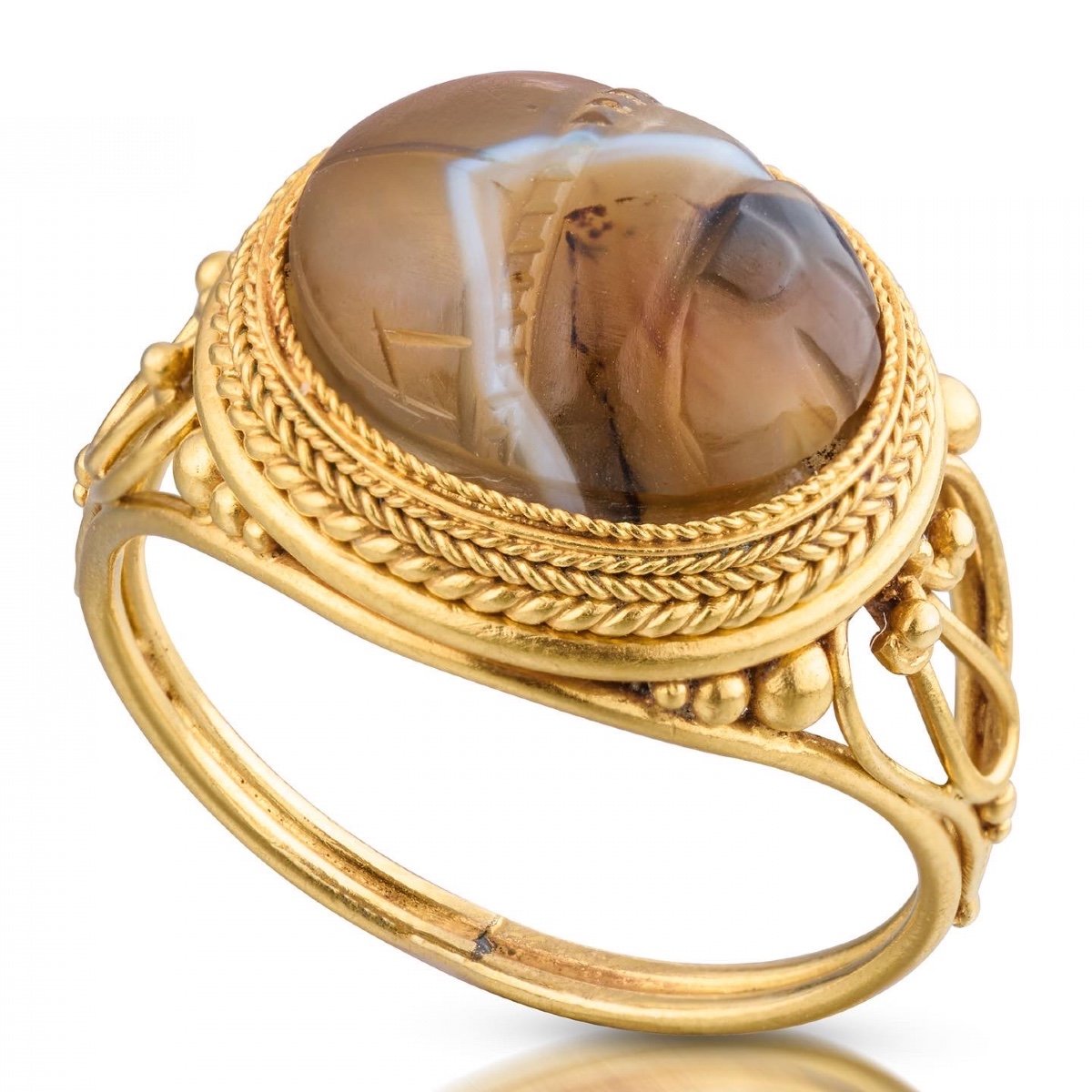 Bague En Or Néo-étrusque Sertie d'Un Scarabée En Agate. Italien, Vers 1870.-photo-4