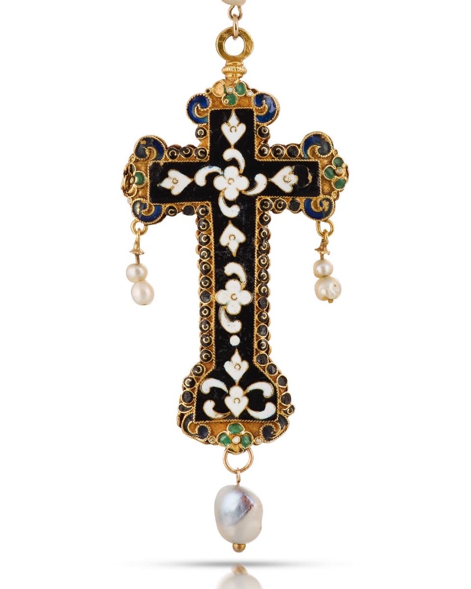 Gold & Enamel Cross Pendant With Table Cut Rock Crystals. Spanish, 17th Century.-photo-3