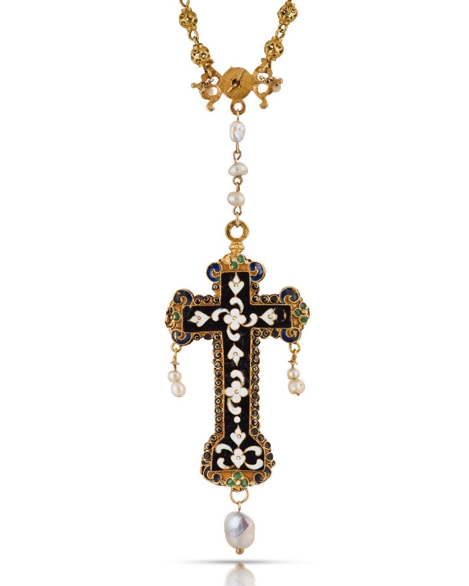Gold & Enamel Cross Pendant With Table Cut Rock Crystals. Spanish, 17th Century.-photo-4