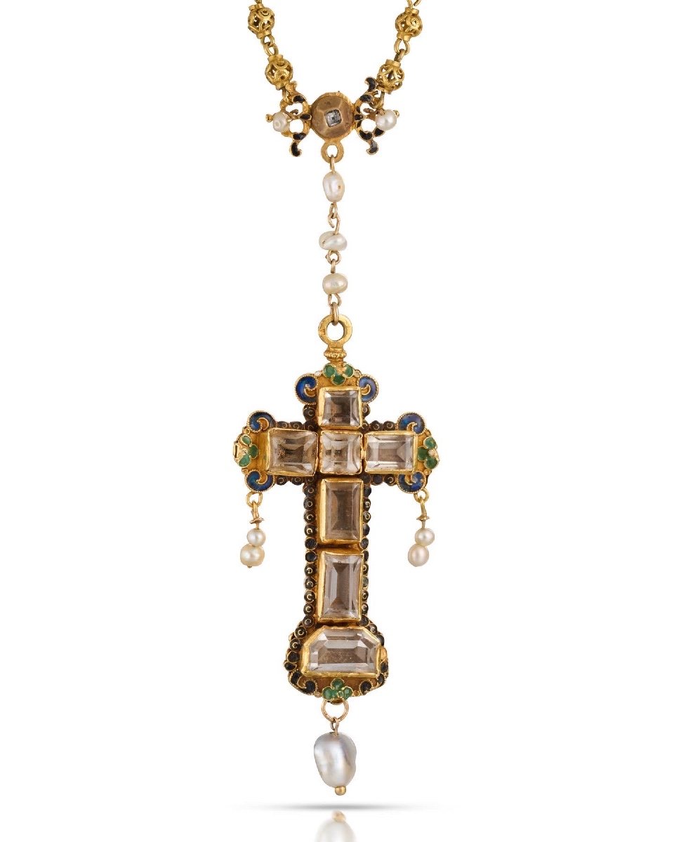 Gold & Enamel Cross Pendant With Table Cut Rock Crystals. Spanish, 17th Century.-photo-1