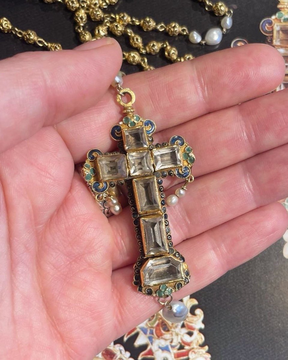 Gold & Enamel Cross Pendant With Table Cut Rock Crystals. Spanish, 17th Century.-photo-6
