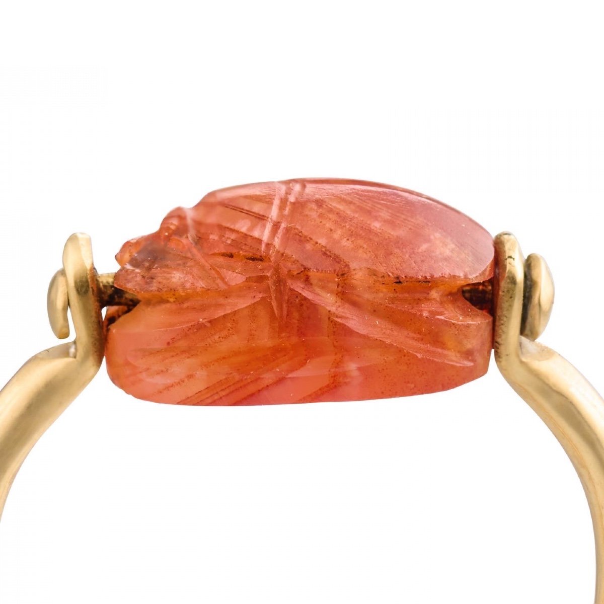 Scarabée De Cornaline égyptienne Antique Monté Sur Une Bague En Or Du XIXe Siècle.  -photo-2