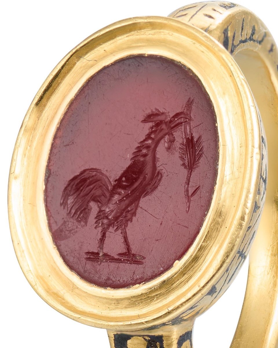 Bague En Or Avec Une Intaille d'Un Coq. Romain, 1er / 2ème Siècle & 17ème Siècle-photo-2