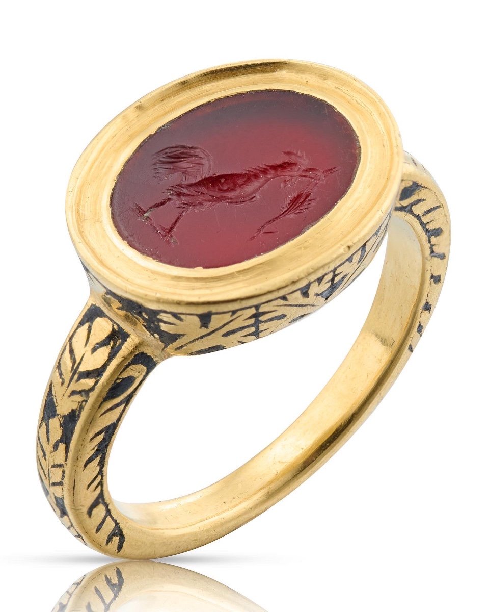 Bague En Or Avec Une Intaille d'Un Coq. Romain, 1er / 2ème Siècle & 17ème Siècle-photo-4