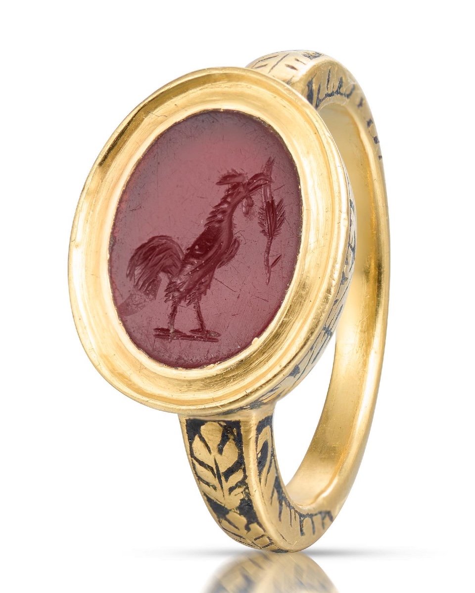 Bague En Or Avec Une Intaille d'Un Coq. Romain, 1er / 2ème Siècle & 17ème Siècle